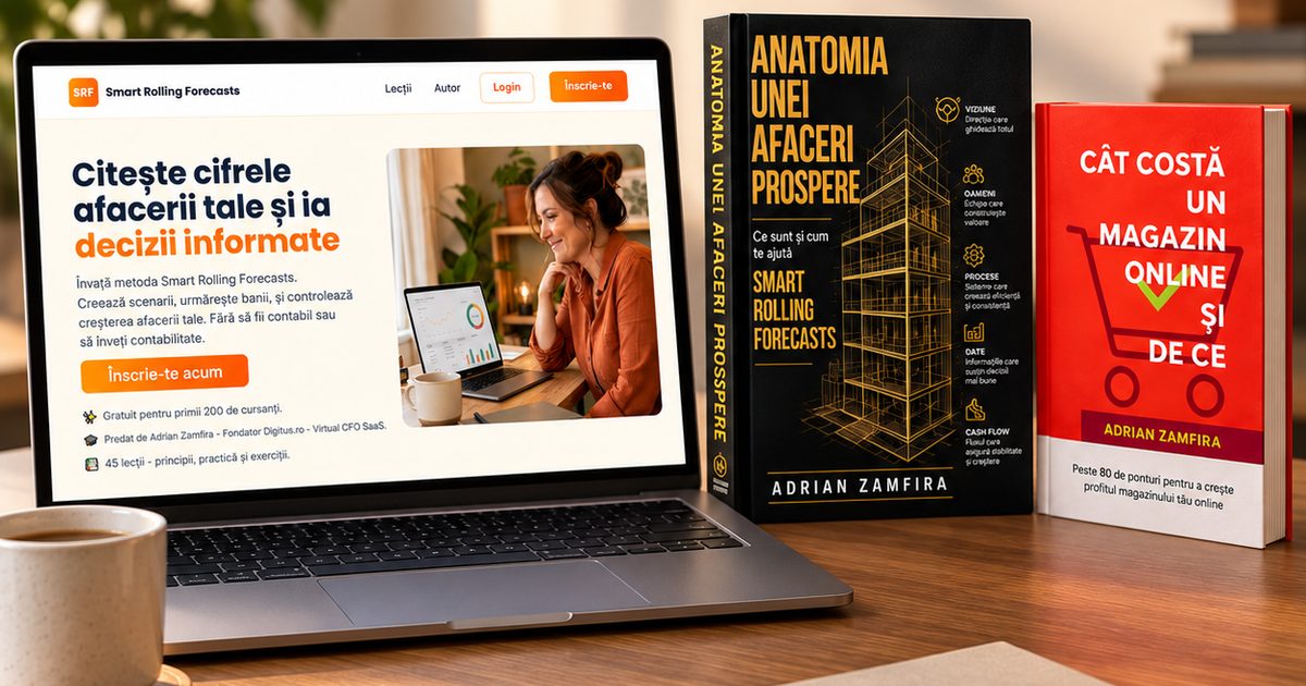 Laptop cu cursul Smart Rolling Forecasts și cărțile Anatomia unei afaceri prospere și Cât costă un magazin online și de ce